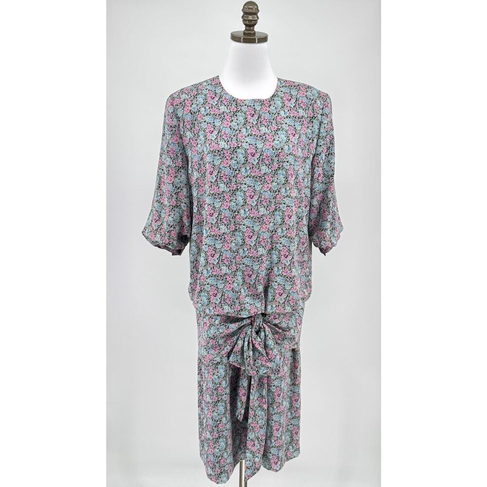 Vintage Argenti 80s Colorful Floral Knot Waist Short Sleeve Blouson Dress Sz 8